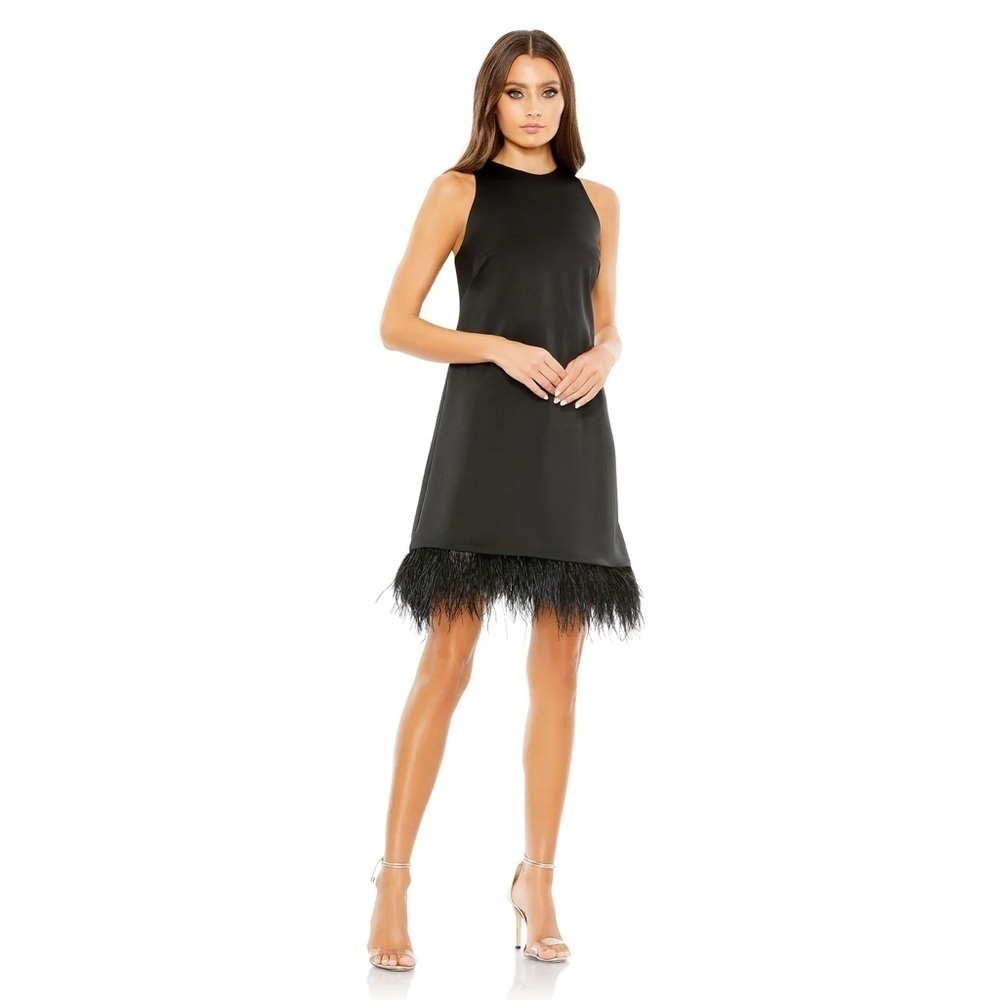 Mac Duggal 55805 NWT FEATHERED HEM HIGH NECK SLEEVELESS A LINE DRESS